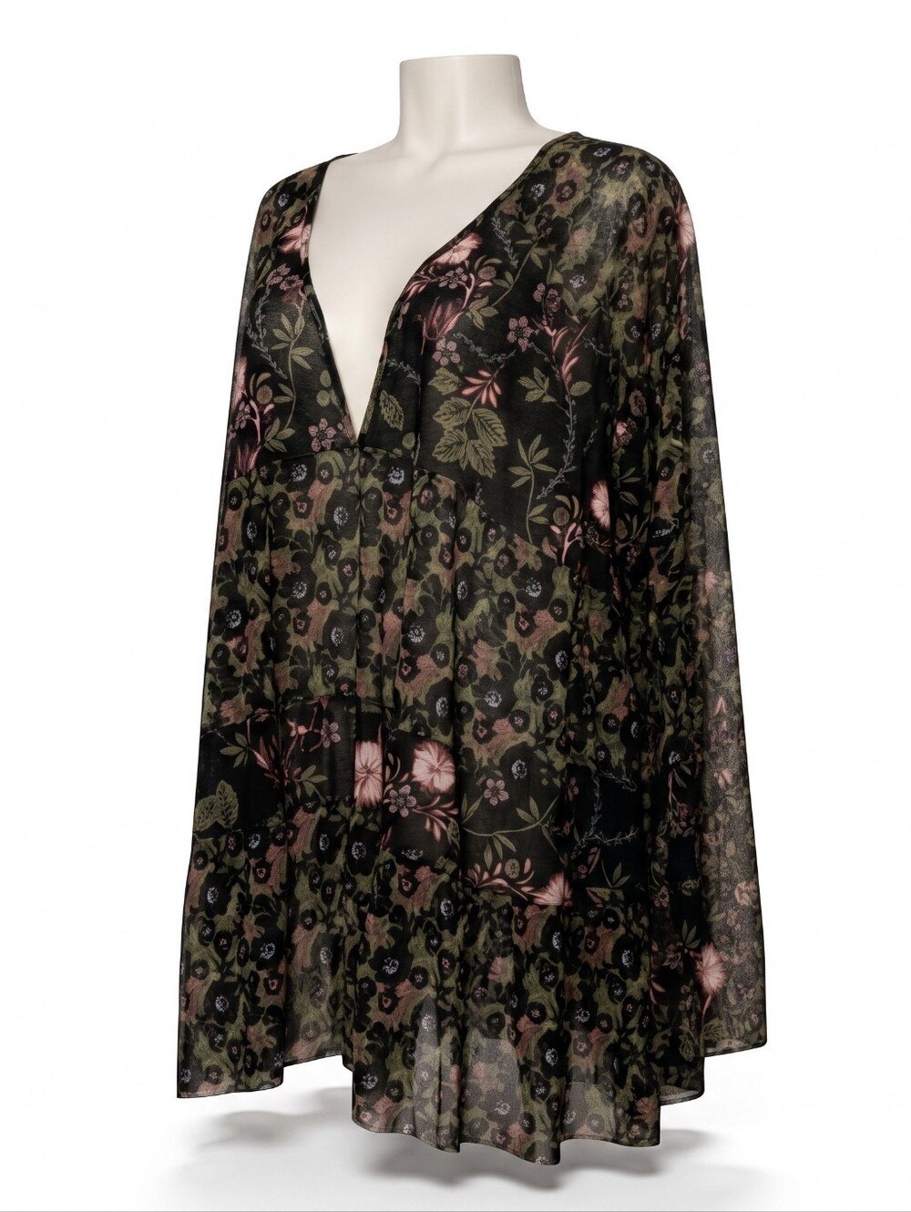 Free People Floral V-Neck Sheer Tunic Top - Olive/Black